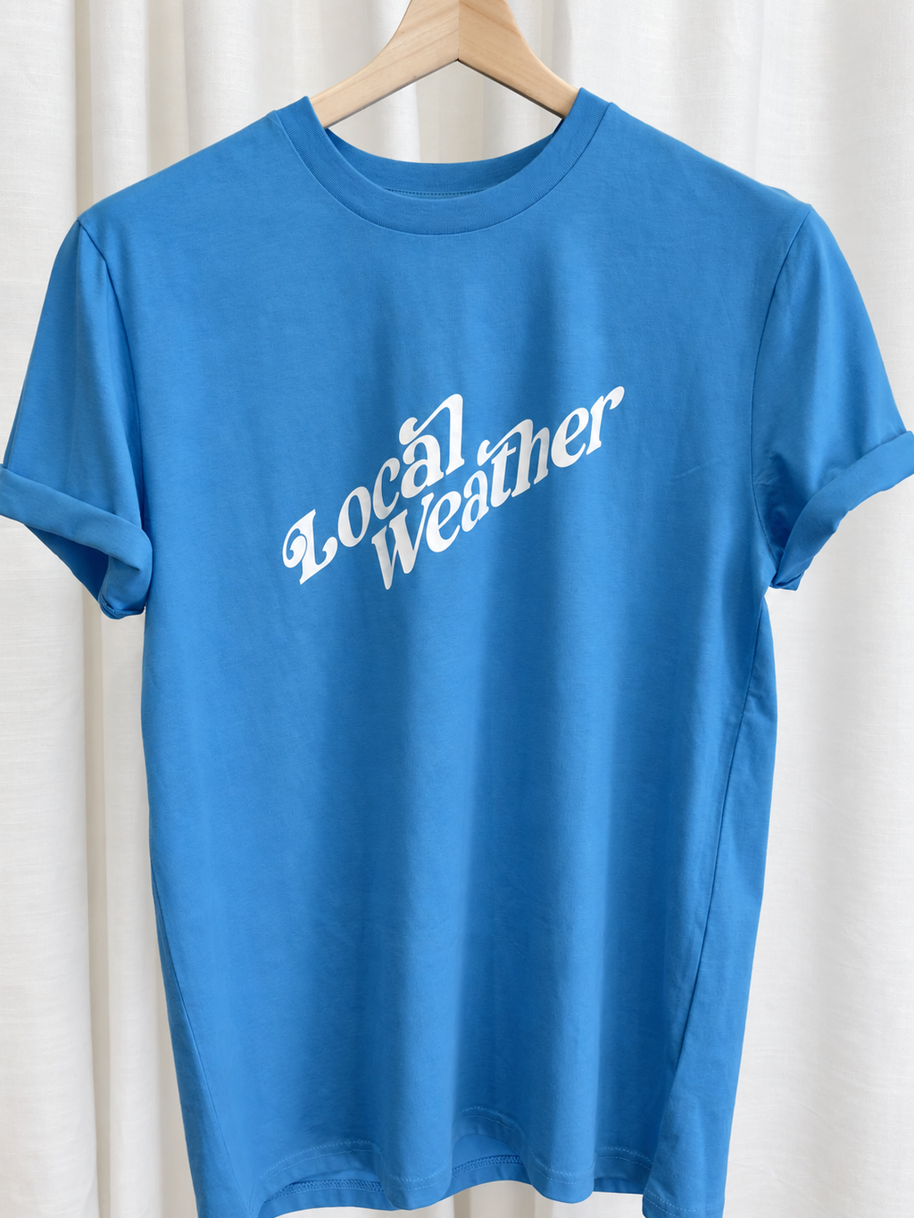 Camiseta azul turquesa de algodón orgánico con logo Local Weather